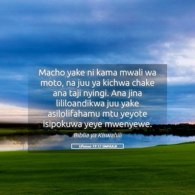 Picture 05 - Ufunuo 19:12 SWHULB - Macho yake ni kama mwali wa moto, na juu ya - Bible Verse Picture