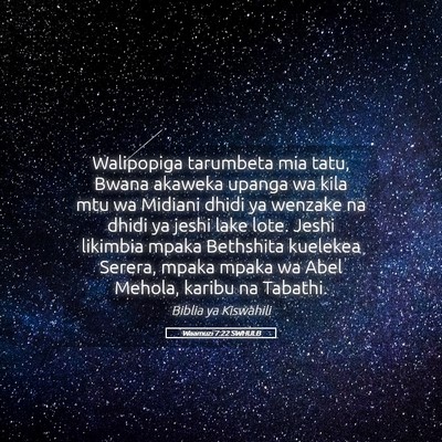 Picture 05 - Waamuzi 7:22 SWHULB - Walipopiga tarumbeta mia tatu, Bwana akaweka - Bible Verse Picture