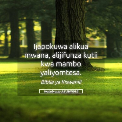 Picture 05 - Wahebrania 5:8 SWHULB - Ijapokuwa alikua mwana, alijifunza kutii kwa - Bible Verse Picture