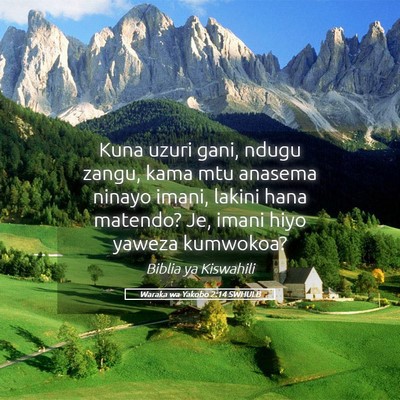 Picture 05 - Waraka wa Yakobo 2:14 SWHULB - Kuna uzuri gani, ndugu zangu, kama mtu anasema - Bible Verse Picture
