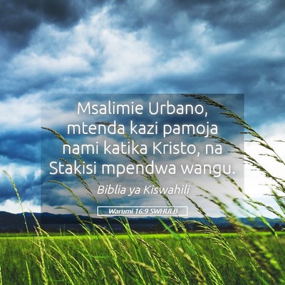 Picture 05 - Warumi 16:9 SWHULB - Msalimie Urbano, mtenda kazi pamoja nami katika - Bible Verse Picture