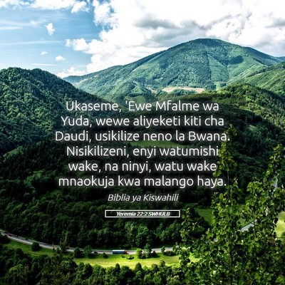 Picture 05 - Yeremia 22:2 SWHULB - Ukaseme, 'Ewe Mfalme wa Yuda, wewe aliyeketi kiti - Bible Verse Picture