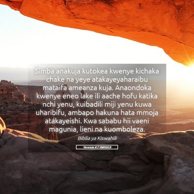 Picture 05 - Yeremia 4:7 SWHULB - Simba anakuja kutokea kwenye kichaka chake na - Bible Verse Picture