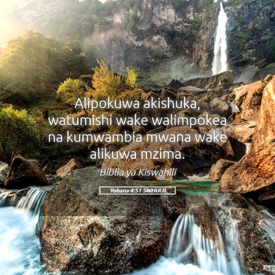 Picture 05 - Yohana 4:51 SWHULB - Alipokuwa akishuka, watumishi wake walimpokea na - Bible Verse Picture