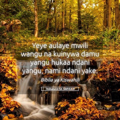 Picture 05 - Yohana 6:56 SWHULB - Yeye aulaye mwili wangu na kuinywa damu yangu - Bible Verse Picture