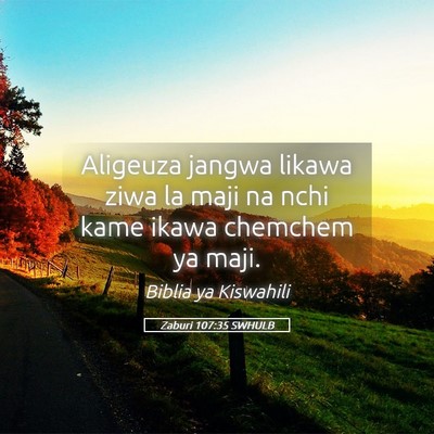 Picture 05 - Zaburi 107:35 SWHULB - Aligeuza jangwa likawa ziwa la maji na nchi kame - Bible Verse Picture