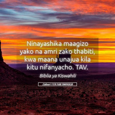 Picture 05 - Zaburi 119:168 SWHULB - Ninayashika maagizo yako na amri zako thabiti, - Bible Verse Picture