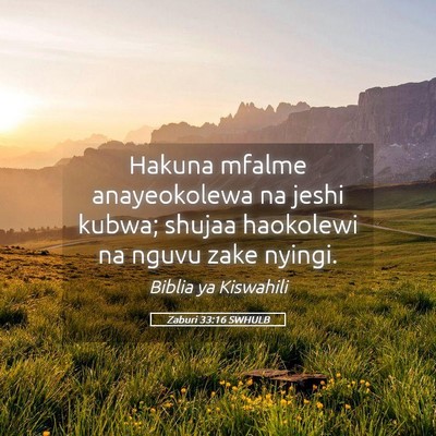 Picture 05 - Zaburi 33:16 SWHULB - Hakuna mfalme anayeokolewa na jeshi kubwa; shujaa - Bible Verse Picture