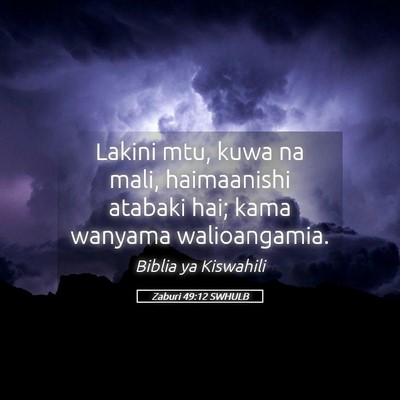 Picture 05 - Zaburi 49:12 SWHULB - Lakini mtu, kuwa na mali, haimaanishi atabaki - Bible Verse Picture