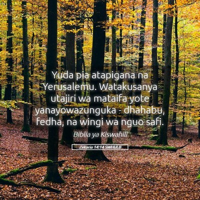 Picture 05 - Zekaria 14:14 SWHULB - Yuda pia atapigana na Yerusalemu. Watakusanya - Bible Verse Picture