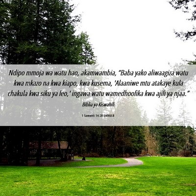 Picture 06 - 1 Samweli 14:28 SWHULB - Ndipo mmoja wa watu hao, akamwambia, “Baba yako - Bible Verse Picture
