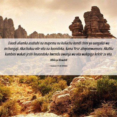 Picture 06 - 1 Samweli 17:20 SWHULB - Daudi aliamka asubuhi na mapema na kuliacha kundi - Bible Verse Picture