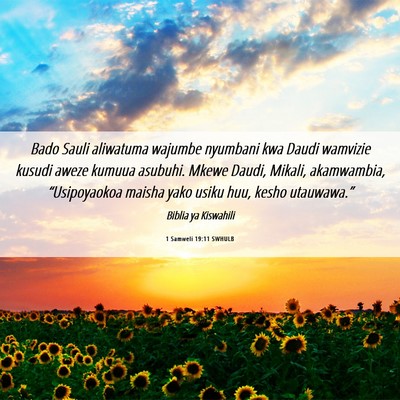 Picture 06 - 1 Samweli 19:11 SWHULB - Bado Sauli aliwatuma wajumbe nyumbani kwa Daudi - Bible Verse Picture