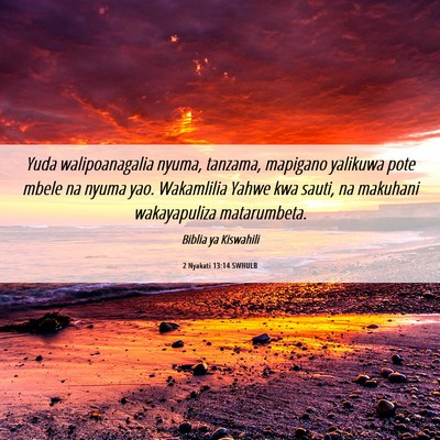 Picture 06 - 2 Nyakati 13:14 SWHULB - Yuda walipoanagalia nyuma, tanzama, mapigano - Bible Verse Picture