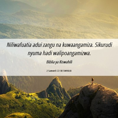 Picture 06 - 2 Samweli 22:38 SWHULB - Niliwafuatia adui zangu na kuwaangamiza. Sikurudi - Bible Verse Picture