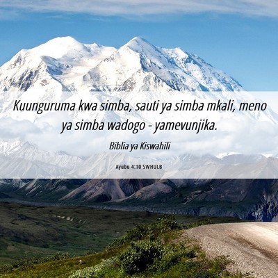Picture 06 - Ayubu 4:10 SWHULB - Kuunguruma kwa simba, sauti ya simba mkali, meno - Bible Verse Picture