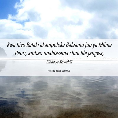 Picture 06 - Hesabu 23:28 SWHULB - Kwa hiyo Balaki akampeleka Balaamu juu ya Mlima - Bible Verse Picture