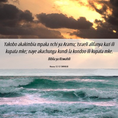 Picture 06 - Hosea 12:12 SWHULB - Yakobo akakimbia mpaka nchi ya Aramu; Israeli - Bible Verse Picture