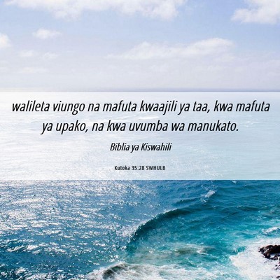 Picture 06 - Kutoka 35:28 SWHULB - walileta viungo na mafuta kwaajili ya taa, kwa - Bible Verse Picture