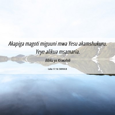 Picture 06 - Luka 17:16 SWHULB - Akapiga magoti miguuni mwa Yesu akamshukuru. Yeye - Bible Verse Picture