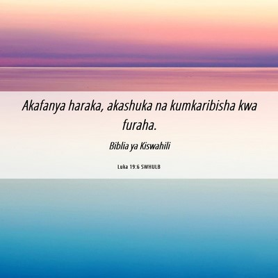 Picture 06 - Luka 19:6 SWHULB - Akafanya haraka, akashuka na kumkaribisha kwa - Bible Verse Picture