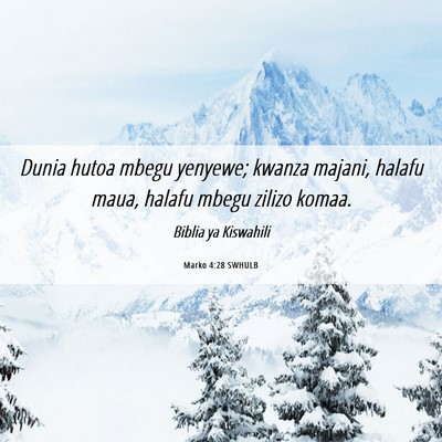 Picture 06 - Marko 4:28 SWHULB - Dunia hutoa mbegu yenyewe; kwanza majani, halafu - Bible Verse Picture