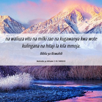 Picture 06 - Matendo ya Mitume 2:45 SWHULB - na waliuza vitu na milki zao na kugawanya kwa - Bible Verse Picture