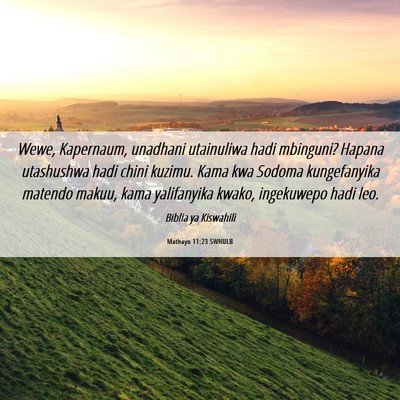 Picture 06 - Mathayo 11:23 SWHULB - Wewe, Kapernaum, unadhani utainuliwa hadi - Bible Verse Picture