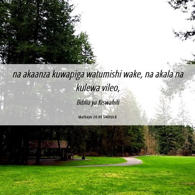 Picture 06 - Mathayo 24:49 SWHULB - na akaanza kuwapiga watumishi wake, na akala na - Bible Verse Picture