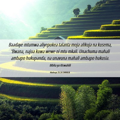Picture 06 - Mathayo 25:24 SWHULB - Baadaye mtumwa aliyepokea talanta moja alikuja na - Bible Verse Picture