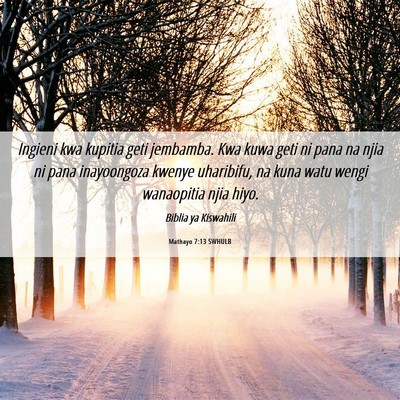 Picture 06 - Mathayo 7:13 SWHULB - Ingieni kwa kupitia geti jembamba. Kwa kuwa geti - Bible Verse Picture