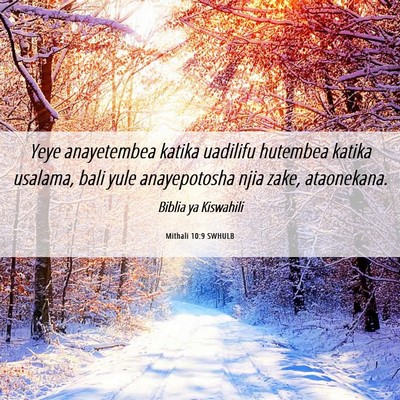 Picture 06 - Mithali 10:9 SWHULB - Yeye anayetembea katika uadilifu hutembea katika - Bible Verse Picture