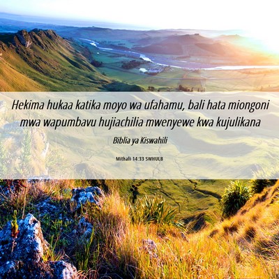 Picture 06 - Mithali 14:33 SWHULB - Hekima hukaa katika moyo wa ufahamu, bali hata - Bible Verse Picture