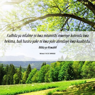 Picture 06 - Mithali 14:35 SWHULB - Fadhila ya mfalme ni kwa mtumishi mwenye kutenda - Bible Verse Picture