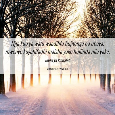 Picture 06 - Mithali 16:17 SWHULB - Njia kuu ya watu waadilifu hujitenga na ubaya; - Bible Verse Picture