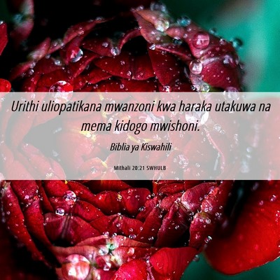 Picture 06 - Mithali 20:21 SWHULB - Urithi uliopatikana mwanzoni kwa haraka utakuwa - Bible Verse Picture