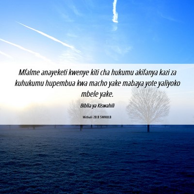 Picture 06 - Mithali 20:8 SWHULB - Mfalme anayeketi kwenye kiti cha hukumu akifanya - Bible Verse Picture