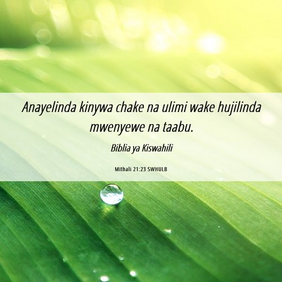 Picture 06 - Mithali 21:23 SWHULB - Anayelinda kinywa chake na ulimi wake hujilinda - Bible Verse Picture