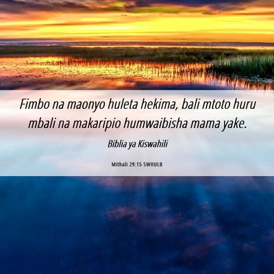 Picture 06 - Mithali 29:15 SWHULB - Fimbo na maonyo huleta hekima, bali mtoto huru - Bible Verse Picture