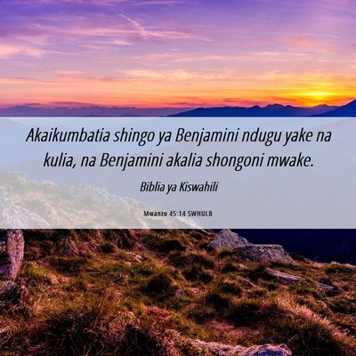 Picture 06 - Mwanzo 45:14 SWHULB - Akaikumbatia shingo ya Benjamini ndugu yake na - Bible Verse Picture