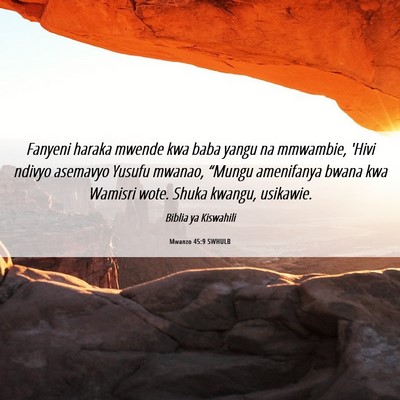 Picture 06 - Mwanzo 45:9 SWHULB - Fanyeni haraka mwende kwa baba yangu na mmwambie, - Bible Verse Picture