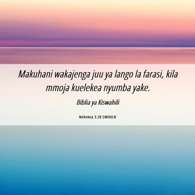 Picture 06 - Nehemia 3:28 SWHULB - Makuhani wakajenga juu ya lango la farasi, kila - Bible Verse Picture