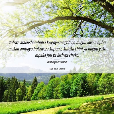 Picture 06 - Torati 28:35 SWHULB - Yahwe atakushambulia kwenye magoti na miguu kwa - Bible Verse Picture