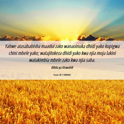 Picture 06 - Torati 28:7 SWHULB - Yahwe atasababisha maadui zako wanaoinuka dhidi - Bible Verse Picture