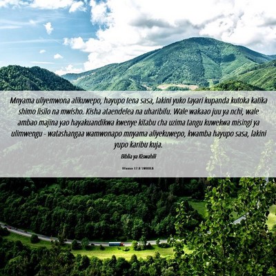 Picture 06 - Ufunuo 17:8 SWHULB - Mnyama uliyemwona alikuwepo, hayupo tena sasa, - Bible Verse Picture