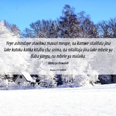Picture 06 - Ufunuo 3:5 SWHULB - Yeye ashindaye atavikwa mavazi meupe, na kamwe - Bible Verse Picture