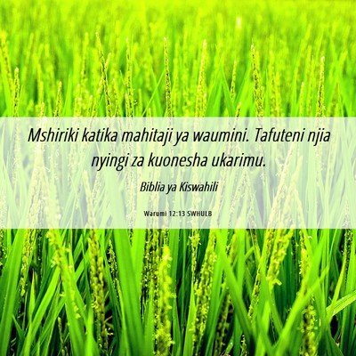 Picture 06 - Warumi 12:13 SWHULB - Mshiriki katika mahitaji ya waumini. Tafuteni - Bible Verse Picture