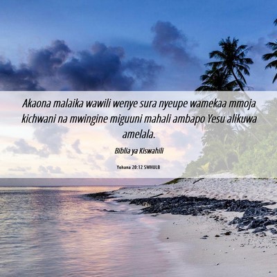 Picture 06 - Yohana 20:12 SWHULB - Akaona malaika wawili wenye sura nyeupe wamekaa - Bible Verse Picture