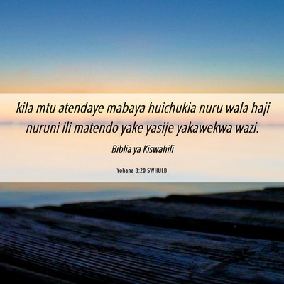 Picture 06 - Yohana 3:20 SWHULB - kila mtu atendaye mabaya huichukia nuru wala haji - Bible Verse Picture