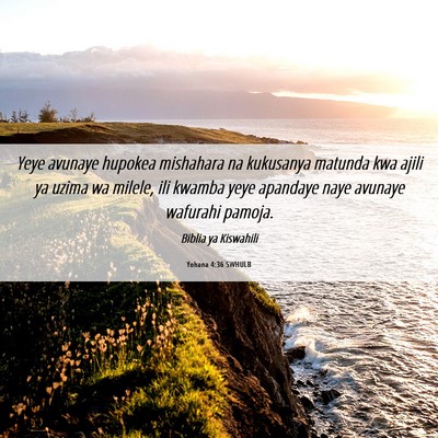 Picture 06 - Yohana 4:36 SWHULB - Yeye avunaye hupokea mishahara na kukusanya - Bible Verse Picture